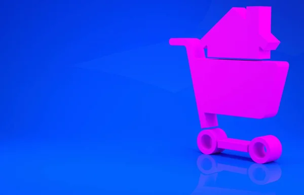 핑크 쇼핑 카트에 홈 아이콘이 파란색 배경에 분리되어 있습니다. 집 컨셉을 사. 주택 대출 개념, 집세, 부동산 매입. 미니멀리즘의 개념입니다. 3d 는 다음을 가리킨다. 3D 렌더링 — 스톡 사진