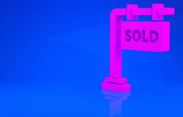 Pink Hanging sign with text Sold icon isolated on blue background. Sold sticker. Sold signboard. Minimalism concept. 3d illustration. 3D render