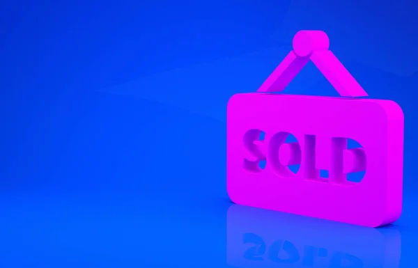 Pink Hanging sign with text Sold icon isolated on blue background. Sold sticker. Sold signboard. Minimalism concept. 3d illustration. 3D render