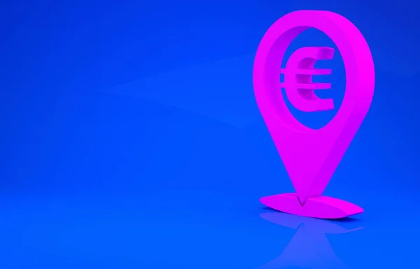 Pink Cash icona pin posizione isolata su sfondo blu. Indicatore e simbolo dell'euro. Posizione dei soldi. Concetto di business e investimento. Concetto minimalista. Illustrazione 3d. Rendering 3D — Foto Stock