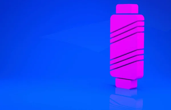 Ροζ νήμα ραπτικής σε εικονίδιο καρουλιού απομονωμένο σε μπλε φόντο. Καρούλι από νήμα. Νήματα Μπόμπιν. Μινιμαλιστική έννοια. 3d εικόνα. 3D απόδοση — Φωτογραφία Αρχείου
