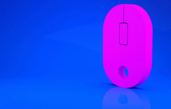 Ícone do mouse computador rosa isolado no fundo azul. Óptico com símbolo de roda. Conceito de minimalismo. Ilustração 3d. Renderização 3D — Fotografia de Stock