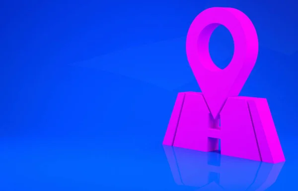 Icono de pin de mapa rosa aislado sobre fondo azul. Navegación, puntero, ubicación, mapa, GPS, dirección, lugar, brújula, concepto de búsqueda. Concepto minimalista. 3D ilustración 3D render — Foto de Stock