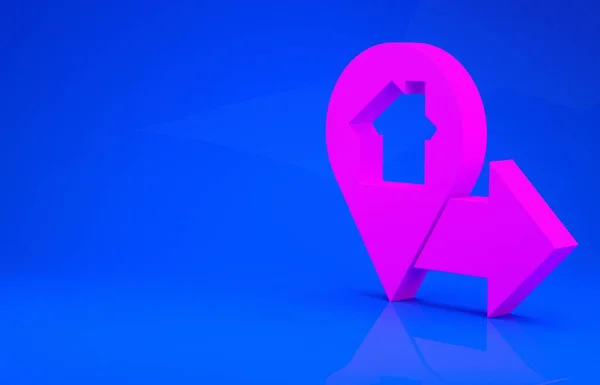 Ponteiro de mapa rosa com ícone de casa isolado no fundo azul. Símbolo do marcador de localização. Conceito de minimalismo. Ilustração 3d. Renderização 3D — Fotografia de Stock