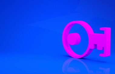Pembe Anahtar simgesi mavi arkaplanda izole edildi. Minimalizm kavramı. 3 boyutlu illüstrasyon. 3 Boyutlu Hazırlama