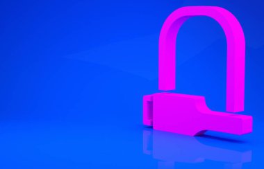 Mavi arka planda izole edilmiş sanayi ikonu şeklinde pembe bisiklet kilidi. Minimalizm kavramı. 3 boyutlu illüstrasyon. 3 Boyutlu Hazırlama