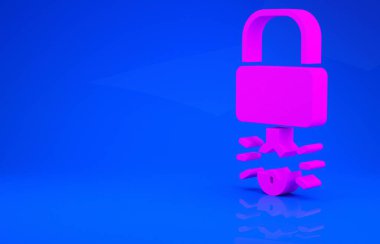 Pembe Anahtar mavi arka planda izole edilmiş asma kilit simgesinin içinde kırıldı. Asma kilit işareti. Güvenlik, güvenlik, koruma, gizlilik kavramı. Minimalizm kavramı. 3 boyutlu illüstrasyon. 3 Boyutlu Hazırlama