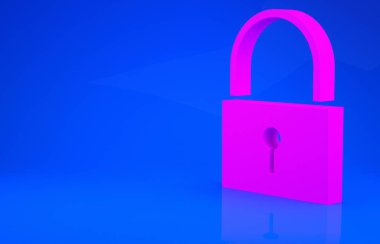 Pembe Kilit simgesi mavi arkaplanda izole edildi. Asma kilit işareti. Güvenlik, güvenlik, koruma, gizlilik kavramı. Minimalizm kavramı. 3 boyutlu illüstrasyon. 3 Boyutlu Hazırlama