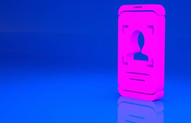 Pembe cep telefonu ve yüz tanıma simgesi mavi arkaplanda izole edilmiş. Yüz tanımlama simgesi. Yüz tanıma. Siber güvenlik. Minimalizm kavramı. 3 boyutlu illüstrasyon. 3 Boyutlu Hazırlama