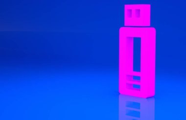 Pembe USB flash disk simgesi mavi arkaplanda izole edildi. Minimalizm kavramı. 3 boyutlu illüstrasyon. 3 Boyutlu Hazırlama