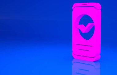 Pembe Akıllı Telefon, mavi arka planda izole edilmiş bir cep telefonu simgesi. Minimalizm kavramı. 3 boyutlu illüstrasyon. 3 Boyutlu Hazırlama