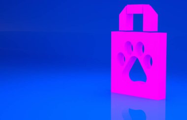 Pembe alışveriş torbası ikonu mavi arka planda izole edilmiş. İnternetteki evcil hayvan dükkanı. Hayvan kliniği. Minimalizm kavramı. 3 boyutlu illüstrasyon. 3 Boyutlu Hazırlama