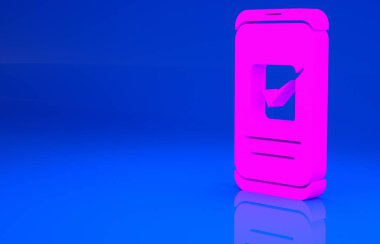 Pembe Akıllı Telefon, mavi arka planda izole edilmiş bir cep telefonu simgesi. Minimalizm kavramı. 3 boyutlu illüstrasyon. 3 Boyutlu Hazırlama