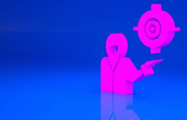 Pembe Pazarlama hedef strateji konsepti ikonu mavi arka planda izole edildi. İnsanların imzasıyla nişan al. Minimalizm kavramı. 3 boyutlu illüstrasyon. 3 Boyutlu Hazırlama