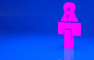 Pembe Sahne standı ya da münazara kürsüsü ikonu mavi arka planda izole edilmiş. Konferans konuşma tribünü. Minimalizm kavramı. 3 boyutlu illüstrasyon. 3 Boyutlu Hazırlama