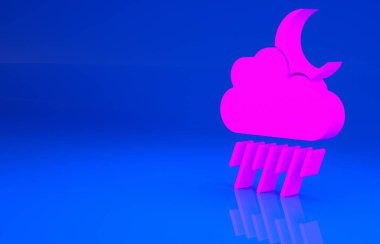 Pembe Bulut, yağmur ve mavi arka planda izole edilmiş ay ikonu. Yağmur damlaları ile yağmur bulutu yağışı. Minimalizm kavramı. 3 boyutlu illüstrasyon. 3 Boyutlu Hazırlama