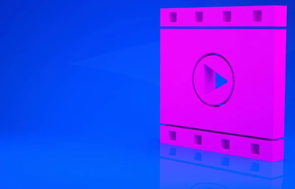 Pinkfarbenes Play Video Symbol isoliert auf blauem Hintergrund. Filmstreifenschild. Minimalismus-Konzept. 3D-Illustration. 3D-Renderer — Stockfoto