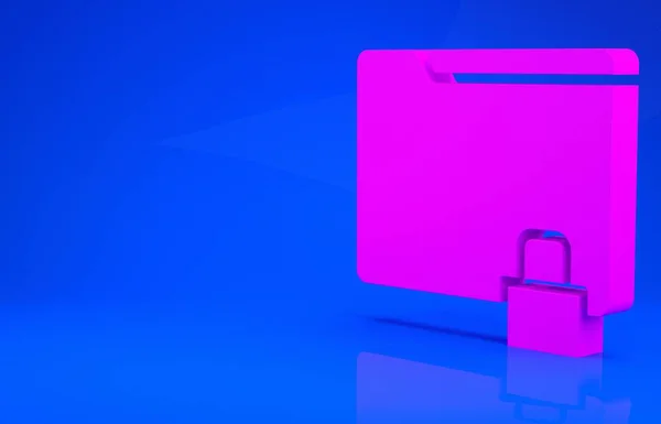 Różowy Folder i ikona blokady izolowane na niebieskim tle. Zamknięty folder i kłódka. Ochrona, bezpieczeństwo, koncepcja ochrony. Koncepcja minimalizmu. Ilustracja 3D. Renderowanie 3D — Zdjęcie stockowe
