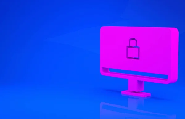 Bloqueo rosa en el icono de la pantalla del monitor del ordenador aislado en fondo azul. Seguridad, seguridad, concepto de protección. Interred segura. Concepto minimalista. Ilustración 3d. Renderizado 3D —  Fotos de Stock