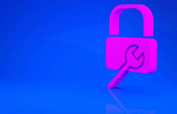 Ikon perbaikan Pink Lock diisolasi dengan latar belakang biru. Padlock sign. Keamanan, keamanan, perlindungan, konsep privasi. Konsep minimalisme. Ilustrasi 3d. render 3D — Stok Foto