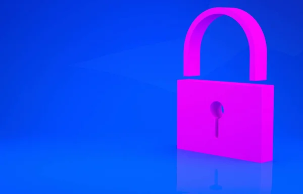 Ikon Pink Lock diisolasi dengan latar belakang biru. Padlock sign. Keamanan, keamanan, perlindungan, konsep privasi. Konsep minimalisme. Ilustrasi 3d. render 3D — Stok Foto