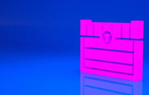 핑크 앤티크 (Pink Antique) 보물 상자 아이콘이 파란색 배경에 분리되어 있다. 황금 동전이든 낡은 나무 상자. 미니멀리즘의 개념입니다. 3d 는 다음을 가리킨다. 3D 렌더링 — 스톡 사진
