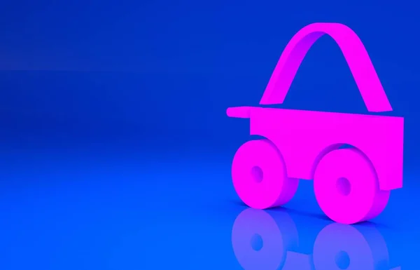 Carrinho de quatro rodas de madeira rosa com ícone de feno isolado no fundo azul. Conceito de minimalismo. Ilustração 3d. Renderização 3D — Fotografia de Stock