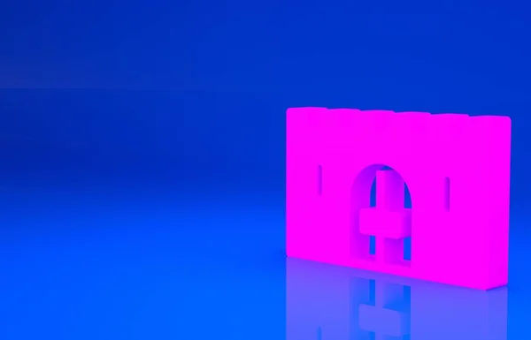 Puerta del castillo medieval rosa en un icono de pared de piedra aislado sobre fondo azul. Una fortaleza medieval. Protección de los enemigos. Concepto minimalista. Ilustración 3d. Renderizado 3D — Foto de Stock