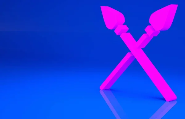 Pink Crossed medieval spears icon isolated on blue background. Medieval weapon. Minimalism concept. 3d illustration. 3D render