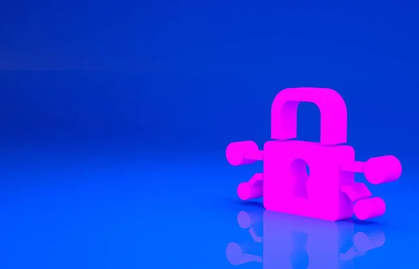 Розовый значок кибербезопасности на синем фоне. Закрытый замок на цифровой плате. Безопасность. Защита цифровых данных. Концепция минимализма. 3d иллюстрация. 3D рендеринг — стоковое фото