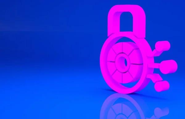 Pink Cyber security icon isolated on blue background. Closed padlock on digital circuit board. Safety concept. Digital data protection. Minimalism concept. 3d illustration. 3D render — Stock Photo, Image