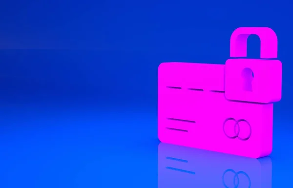 Różowa karta kredytowa z ikoną blokady na niebieskim tle. Zamknięta karta bankowa. Ochrona, bezpieczeństwo, ochrona. Koncepcja bezpiecznej płatności. Koncepcja minimalizmu. Ilustracja 3D. Renderowanie 3D — Zdjęcie stockowe