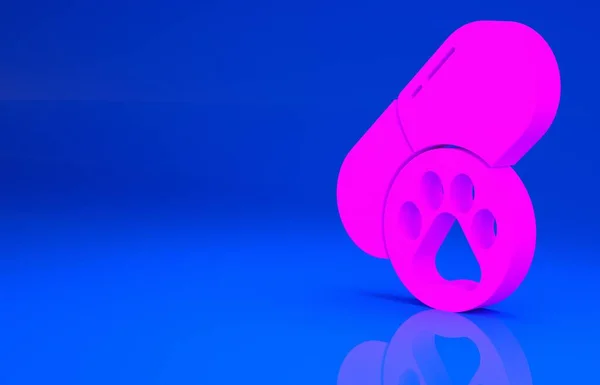 Rózsaszín Kutya tabletta ikon elszigetelt kék háttérrel. Receptköteles gyógyszer állatoknak. Minimalizmus koncepció. 3D illusztráció. 3D renderelés — Stock Fotó
