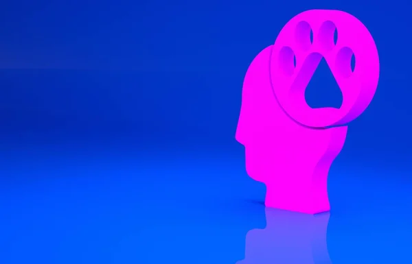 Cabeza humana rosa con icono de huella animal aislado sobre fondo azul. Pata de mascota en el corazón. Amor a los animales. Concepto minimalista. Ilustración 3d. Renderizado 3D — Foto de Stock