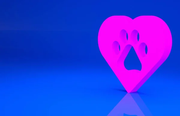 Rózsaszín Szív állatokkal lábnyom ikon elszigetelt kék alapon. Mancs a szívben. Szeretettel az állatoknak. Minimalizmus koncepció. 3D illusztráció. 3D renderelés — Stock Fotó