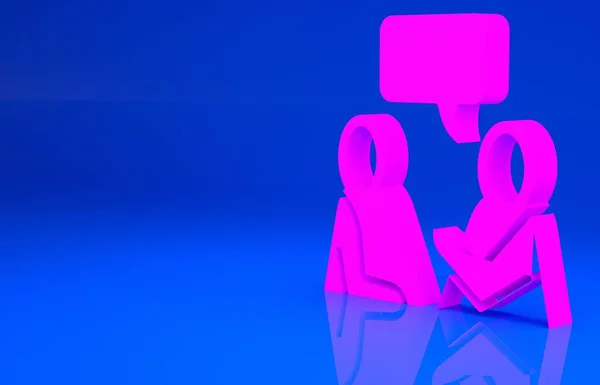 Rosa Dos hombres sentados hablando icono aislado sobre fondo azul. Charla de burbujas. Icono del mensaje. Comunicación o comentario símbolo de chat. Concepto minimalista. Ilustración 3d. Renderizado 3D —  Fotos de Stock
