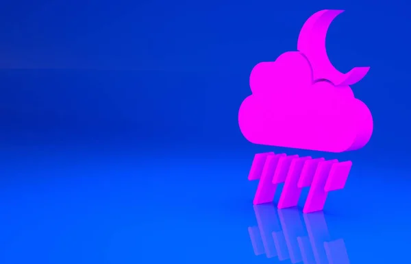 Pink Cloud with rain and moon icon isolated on blue background. Rain cloud precipitation with rain drops. Minimalism concept. 3d illustration. 3D render