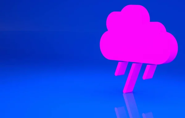 Pink Cloud with rain icon isolated on blue background. Rain cloud precipitation with rain drops. Minimalism concept. 3d illustration. 3D render