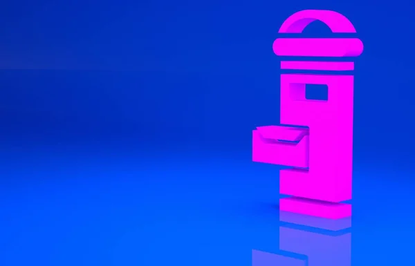 Pink Traditional London mail box εικονίδιο απομονωμένο σε μπλε φόντο. Αγγλικό εικονίδιο γραμματοκιβωτίου Ταχυδρομική θυρίδα. Μινιμαλιστική έννοια. 3d εικόνα. 3D απόδοση — Φωτογραφία Αρχείου