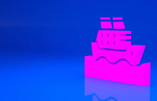 Pinkfarbenes Kreuzfahrtschiff im Ozeansymbol isoliert auf blauem Hintergrund. Kreuzfahrt um die Welt. Minimalismus-Konzept. 3D-Illustration. 3D-Renderer — Stockfoto