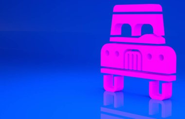 Pembe araba simgesi mavi arkaplanda izole edildi. Ön manzara. Minimalizm kavramı. 3 boyutlu illüstrasyon. 3 Boyutlu Hazırlama
