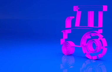 Mavi arkaplanda pembe traktör simgesi izole edildi. Minimalizm kavramı. 3 boyutlu illüstrasyon. 3 Boyutlu Hazırlama