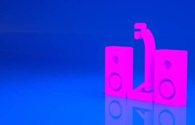 Mavi arka planda iki hoparlörlü Pembe Ev müzik seti. Müzik sistemi. Minimalizm kavramı. 3 boyutlu illüstrasyon. 3 Boyutlu Hazırlama