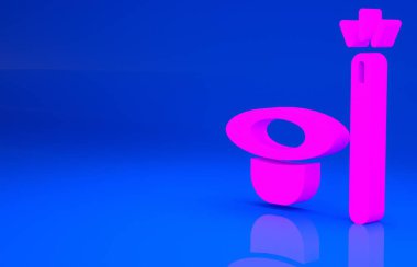 Pembe Sihirli şapka ve sihirli değnek ikonu mavi arka planda izole edilmiş. Sihir numarası. Gizemli eğlence konsepti. Minimalizm kavramı. 3 boyutlu illüstrasyon. 3 Boyutlu Hazırlama
