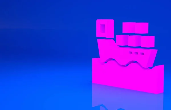 Kapal kargo merah muda dengan ikon layanan pengiriman kotak terisolasi dengan latar belakang biru. Pengiriman, transportasi. Kapal barang dengan paket, kotak, barang. Konsep minimalisme. Ilustrasi 3d. render 3D — Stok Foto
