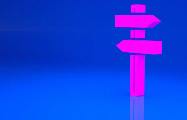 ピンクの道路交通標識。青の背景にアイコンが隔離されています。ポインタ記号。通りの案内板だ。方向標識。最小限の概念。3Dイラスト。3Dレンダリング — ストック写真