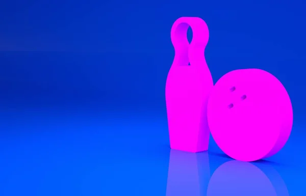Rózsaszín Bowling pin és labda ikon elszigetelt kék alapon. Sportfelszerelés. Minimalizmus koncepció. 3D illusztráció. 3D renderelés — Stock Fotó