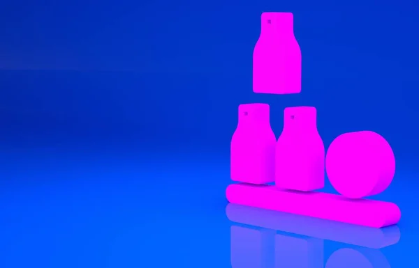 Botellas rosadas icono de la bola aislado sobre fondo azul. Concepto minimalista. Ilustración 3d. Renderizado 3D —  Fotos de Stock