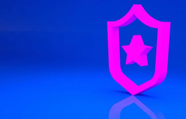 Pinkfarbenes Abzeichen der Polizei isoliert auf blauem Hintergrund. Sheriff-Abzeichen. Schild mit Sternsymbol. Minimalismus-Konzept. 3D-Illustration. 3D-Renderer — Stockfoto