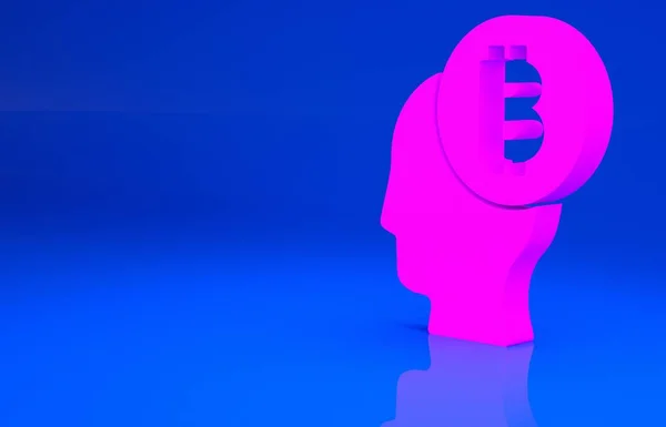 Ροζ Bitcoin σκέφτονται εικονίδιο απομονώνονται σε μπλε φόντο. Κρυπτονόμισμα κεφάλι. Τεχνολογία Blockchain, αγορά ψηφιακού χρήματος, πορτοφόλι κρυπτονομισμάτων. Μινιμαλιστική έννοια. 3d εικόνα. 3D απόδοση — Φωτογραφία Αρχείου